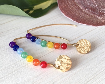 Chakra Earring, Gold Plated Jade, Hammered Flat Round, Gift For Yoga Teacher, Gypsy Earrings, Bohemian Gift, Hanging 7 Chakra, Inside Peace