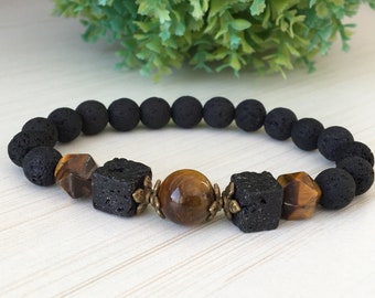 Mens bracelet, Tiger Eye Polygon, Volcanic Square, Black Beaded Bracelet, Lava Gemstones,  Diffuse bracelet, Unisex Bracelet, Perfume Pearl