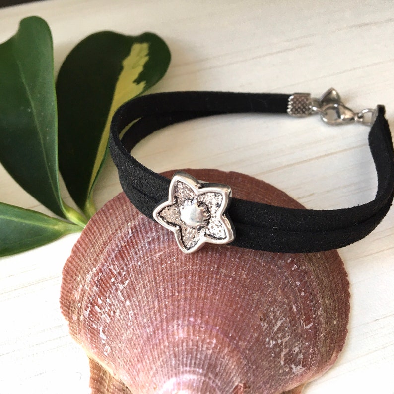 Black Faux Suede, Sky Star, Friendship Gift, Low Price Bracelet, Mens Bracelet, Double Suede Cord, Silver Star, Young Girl Gift, Starfish image 5