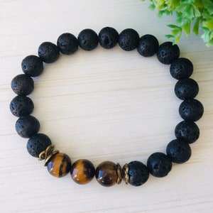 Tiger Eye 10mm, Large Wrist Black, Brother's Gift, Meditation Mens Yoga, Lava Gemstone 10mm, Large Mens Jewelry, Tiger Eye Bracelet Chic image 5