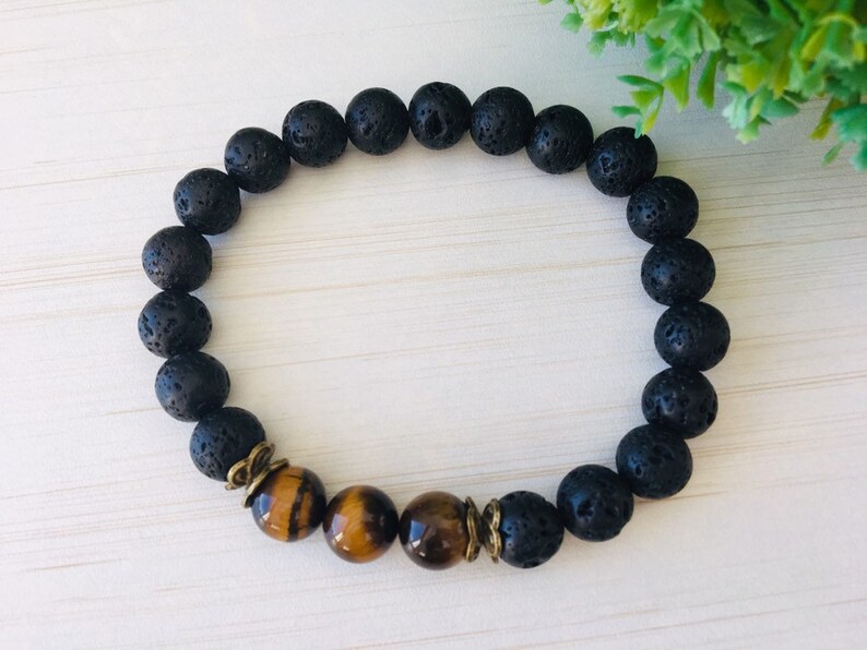 Tiger Eye 10mm, Large Wrist Black, Brother's Gift, Meditation Mens Yoga, Lava Gemstone 10mm, Large Mens Jewelry, Tiger Eye Bracelet Chic image 5