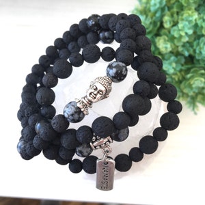 Mother's Yoga Necklace, Black Volcanic Gift, Mantras Mala 108, Jewelry Prayer Zen, Snowflake Obsidian, Healing Mala 108, Lava Gems, Wrists 4 image 2