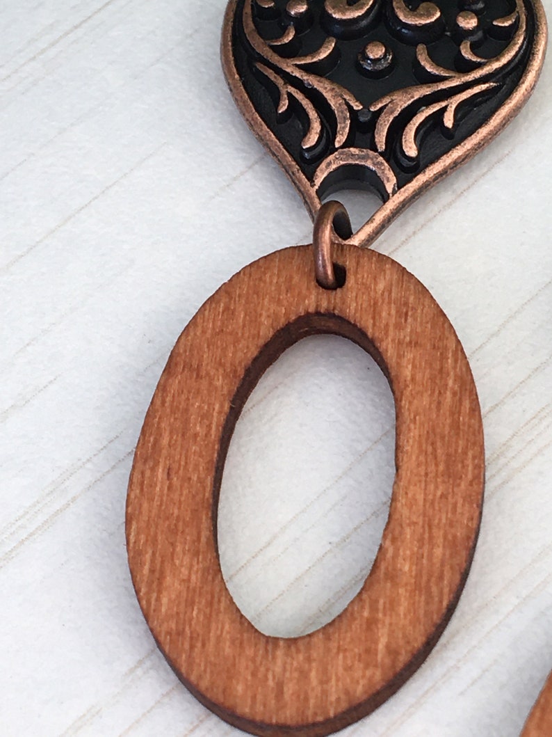 Oval Wood Earring, Copper Tear, Gift for Gypsy Woman, Long Earring, Bohemian Charm, Tear Print, Angel Print Charm Piece of Stained Wood Gift image 4