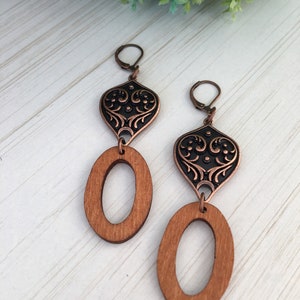 Oval Wood Earring, Copper Tear, Gift for Gypsy Woman, Long Earring, Bohemian Charm, Tear Print, Angel Print Charm Piece of Stained Wood Gift image 2