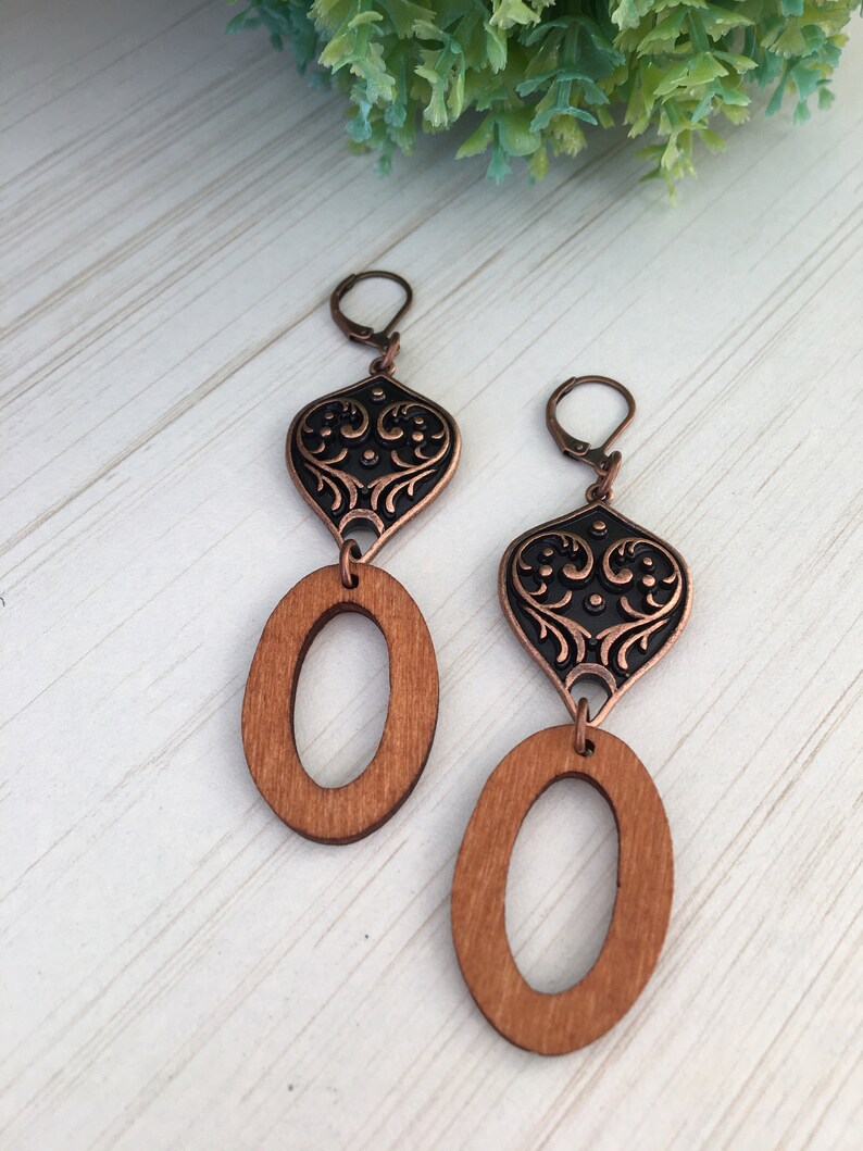 Oval Wood Earring, Copper Tear, Gift for Gypsy Woman, Long Earring, Bohemian Charm, Tear Print, Angel Print Charm Piece of Stained Wood Gift image 2