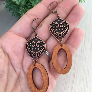 Oval Wood Earring, Copper Tear, Gift for Gypsy Woman, Long Earring, Bohemian Charm, Tear Print, Angel Print Charm Piece of Stained Wood Gift image 1