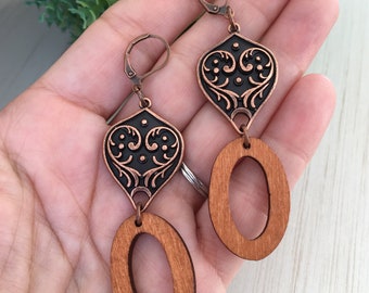 Oval Wood Earring, Copper Tear, Gift for Gypsy Woman, Long Earring, Bohemian Charm, Tear Print, Angel Print Charm Piece of Stained Wood Gift