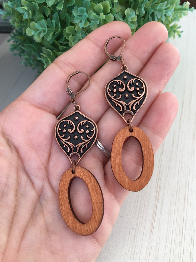 Oval Wood Earring, Copper Tear, Gift for Gypsy Woman, Long Earring, Bohemian Charm, Tear Print, Angel Print Charm Piece of Stained Wood Gift image 1