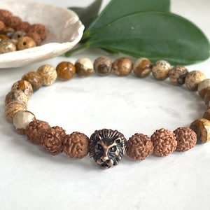 Lion Men Bracelet, Lion King Movies, Natural Jasper, Rudraksha Beads, Father's Day Gift, Brown Gemstone, Gift for Dad, Men Bracelet, Energy