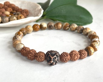 Lion Men Bracelet, Lion King Movies, Natural Jasper, Rudraksha Beads, Father's Day Gift, Brown Gemstone, Gift for Dad, Men Bracelet, Energy