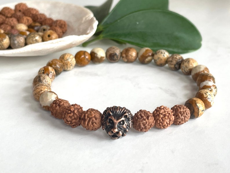 Lion Men Bracelet, Lion King Movies, Natural Jasper, Rudraksha Beads, Father's Day Gift, Brown Gemstone, Gift for Dad, Men Bracelet, Energy image 1