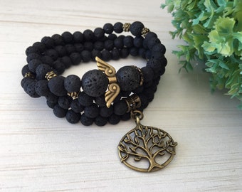 Black Mala 108, Rooting Stone 10mm, Unisex Gift, Black Angel Mala, Family Tree, Yoga Jewelry, Boho Necklace,10 mm Lava Gems, Men Mala Gift