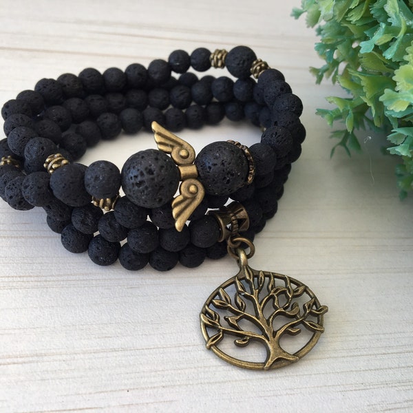 Piedra Volcánica 10mm, Pulsera Mala Negra, Regalos para Maestros de Yoga Ángel de Bronce Piedra de Enraizamiento Fuerza de la Tierra, Árbol de la Vida