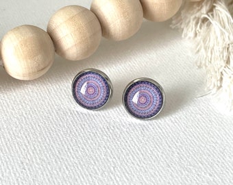 Pink Mandala Posts Zen, Small Stud, Art Mandala Earrings, Zen Trending, Bohemian Stud, Purple Jewelry, Glass Ear Posts, Flower Cabochon 10mm