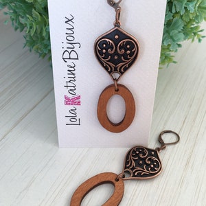 Oval Wood Earring, Copper Tear, Gift for Gypsy Woman, Long Earring, Bohemian Charm, Tear Print, Angel Print Charm Piece of Stained Wood Gift image 7