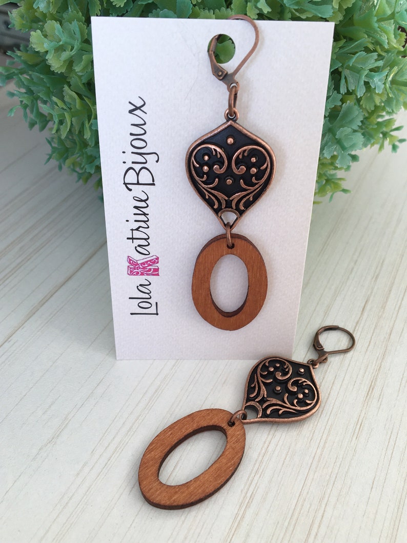 Oval Wood Earring, Copper Tear, Gift for Gypsy Woman, Long Earring, Bohemian Charm, Tear Print, Angel Print Charm Piece of Stained Wood Gift image 7