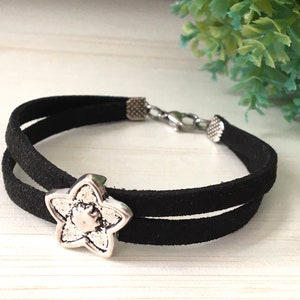 Black Faux Suede, Sky Star, Friendship Gift, Low Price Bracelet, Mens Bracelet, Double Suede Cord, Silver Star, Young Girl Gift, Starfish image 2
