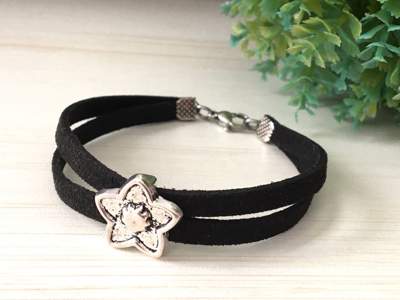 Black Faux Suede, Sky Star, Friendship Gift, Low Price Bracelet, Mens Bracelet, Double Suede Cord, Silver Star, Young Girl Gift, Starfish image 2