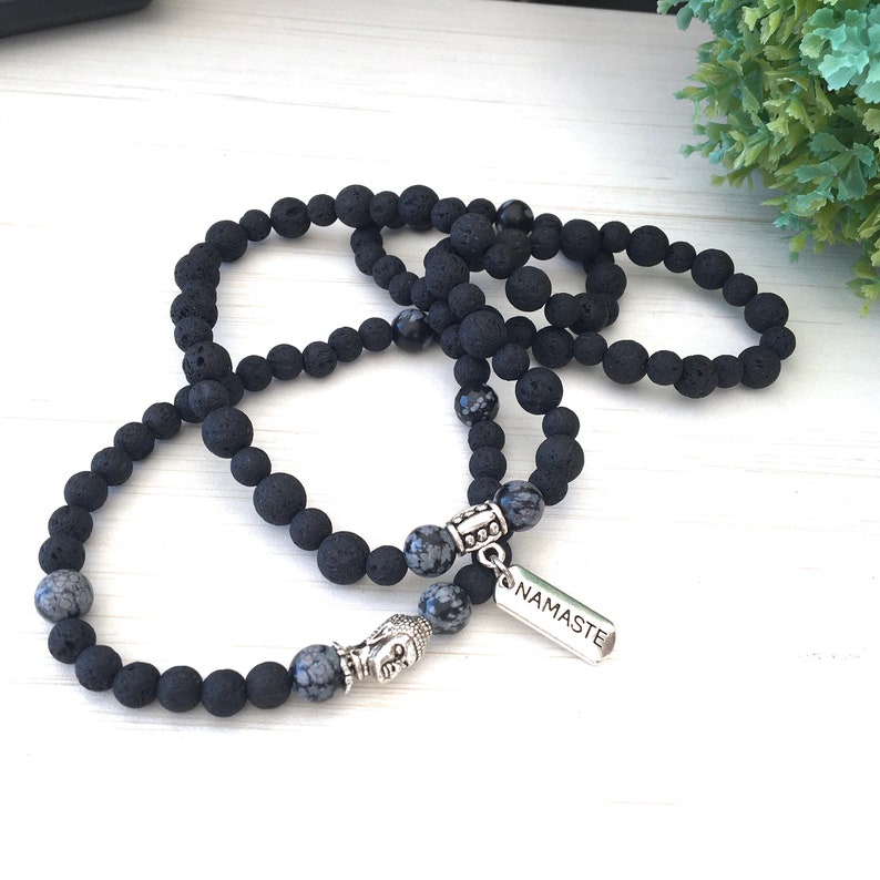 Mother's Yoga Necklace, Black Volcanic Gift, Mantras Mala 108, Jewelry Prayer Zen, Snowflake Obsidian, Healing Mala 108, Lava Gems, Wrists 4 image 4