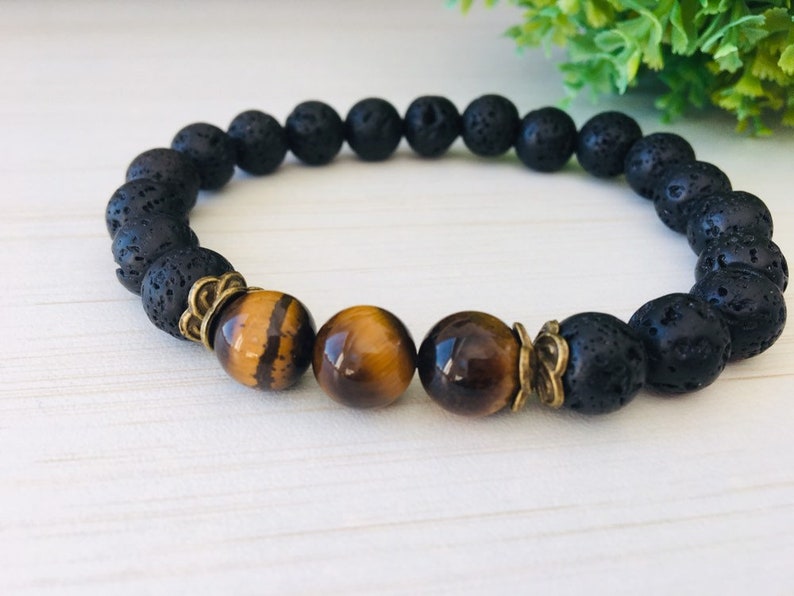 Tiger Eye 10mm, Large Wrist Black, Brother's Gift, Meditation Mens Yoga, Lava Gemstone 10mm, Large Mens Jewelry, Tiger Eye Bracelet Chic image 1