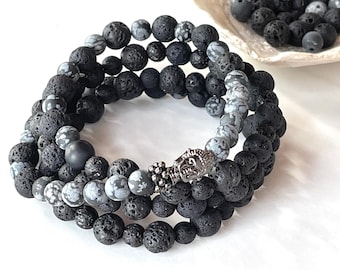 Black Mala, Obsidian Gemstome, Japa Mala Dad, Gift for Brother, Gray Beads, Gift for Christmas, Meditation Pearl, Lava Rock Bracelet, Zen