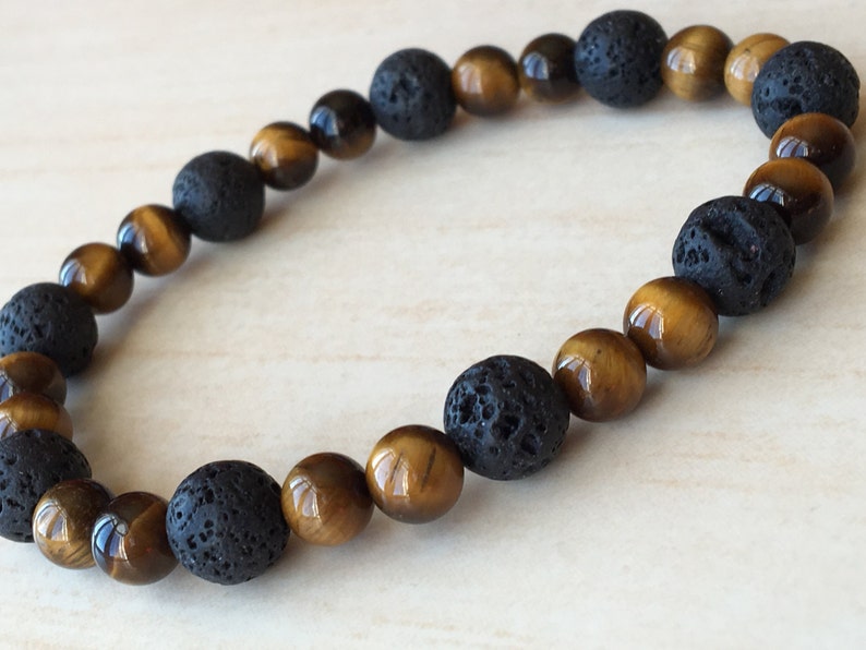 Stone of Rooting Bracelet, Concentration Gems, Tiger Eye Jewelry, Lava Stone Yoga Gift,Mens Friendship Gift, Tiger Eye Minimalist,Black Gift image 1