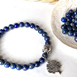 Blue Lapis Lazuli Bracelet, Buddha Bracelet 6mm, Yoga Gift for Teacher, Men Bracelet, Tree of Life, Chakra Gemstones, Mom Gift Christmas