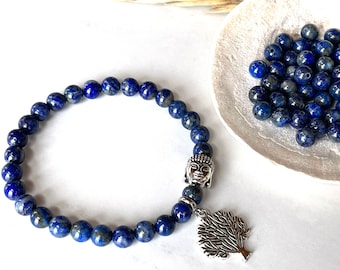 Blue Lapis Lazuli Bracelet, Buddha Bracelet 6mm, Yoga Gift for Teacher, Men Bracelet, Tree of Life, Chakra Gemstones, Mom Gift Christmas