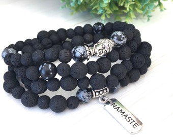 Mother's Yoga Necklace, Black Volcanic Gift, Mantras Mala 108, Jewelry Prayer Zen, Snowflake Obsidian, Healing Mala 108, Lava Gems, Wrists 4