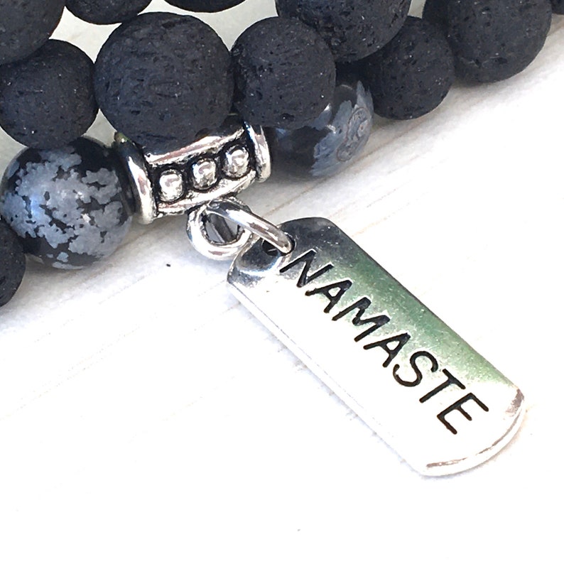 Mother's Yoga Necklace, Black Volcanic Gift, Mantras Mala 108, Jewelry Prayer Zen, Snowflake Obsidian, Healing Mala 108, Lava Gems, Wrists 4 image 7