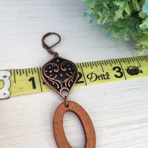 Oval Wood Earring, Copper Tear, Gift for Gypsy Woman, Long Earring, Bohemian Charm, Tear Print, Angel Print Charm Piece of Stained Wood Gift image 6