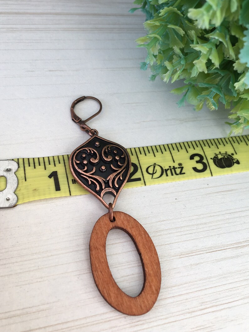 Oval Wood Earring, Copper Tear, Gift for Gypsy Woman, Long Earring, Bohemian Charm, Tear Print, Angel Print Charm Piece of Stained Wood Gift image 6