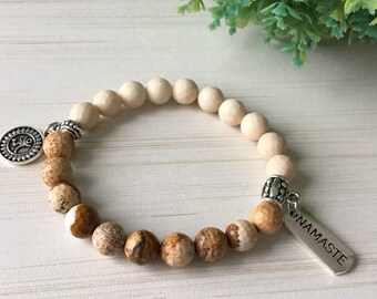 Namaste Bracelet, Yoga Position Zen, Petrification of Wood Gemstone, Yoga Zen Jewelry, Jasper Leopard Bracelet, Meditation Yoga Zen Namaste