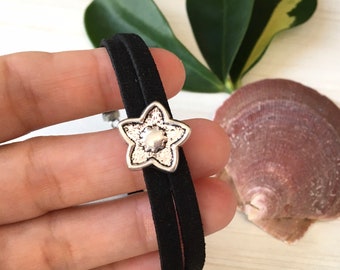 Black Faux Suede, Sky Star, Friendship Gift,  Low Price Bracelet, Mens Bracelet, Double Suede Cord, Silver Star, Young Girl Gift, Starfish
