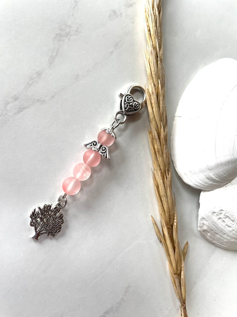 Small Birthday Gift, Quartz Rose 8mm, Pink Small Angel, Rose Gift for Her, Heart Rose, Angel Keychain, Charm Rose, Angel with Tree of life image 1