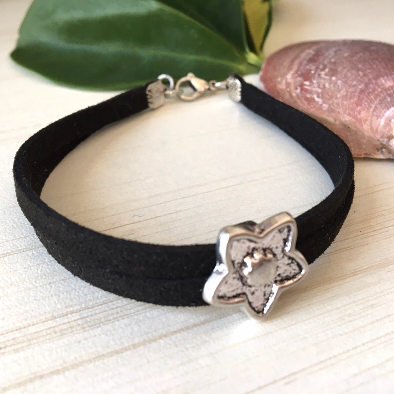 Black Faux Suede, Sky Star, Friendship Gift, Low Price Bracelet, Mens Bracelet, Double Suede Cord, Silver Star, Young Girl Gift, Starfish image 6