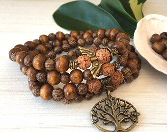 108 Prayers Beads, Rudraksha Mala Gift, Natural Wood Beads, Japa Mala Gemstone, Brown Bracelet, Yoga Necklace 108, Bronze Angel Tree of Life