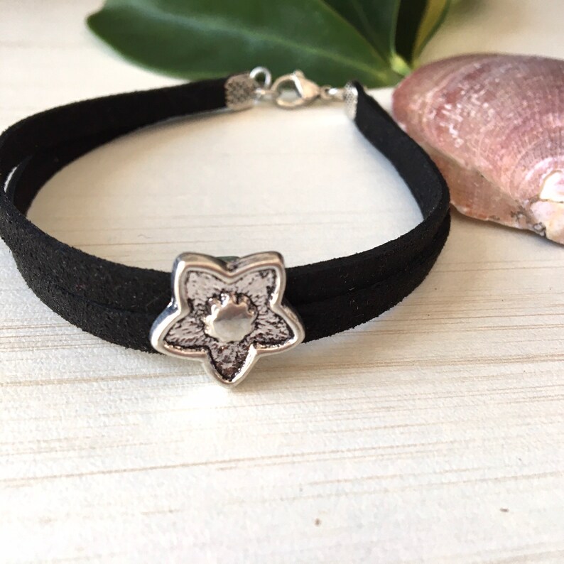 Black Faux Suede, Sky Star, Friendship Gift, Low Price Bracelet, Mens Bracelet, Double Suede Cord, Silver Star, Young Girl Gift, Starfish image 4