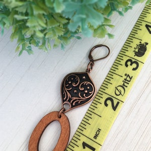 Oval Wood Earring, Copper Tear, Gift for Gypsy Woman, Long Earring, Bohemian Charm, Tear Print, Angel Print Charm Piece of Stained Wood Gift image 3