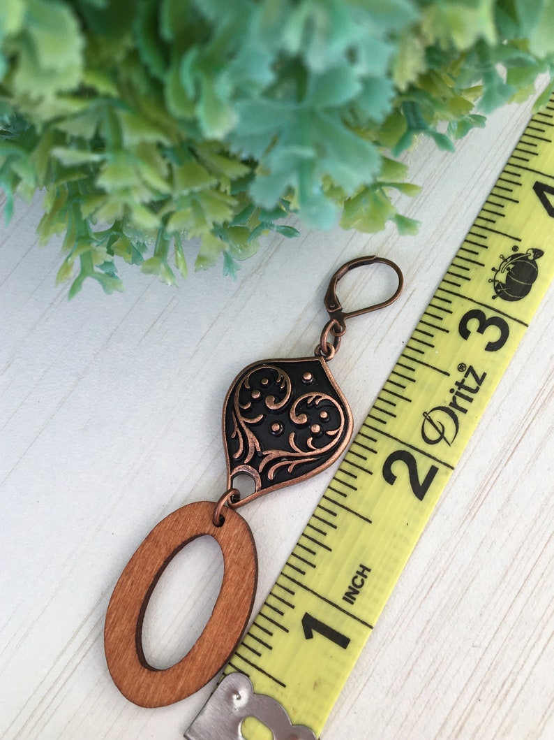 Oval Wood Earring, Copper Tear, Gift for Gypsy Woman, Long Earring, Bohemian Charm, Tear Print, Angel Print Charm Piece of Stained Wood Gift image 3