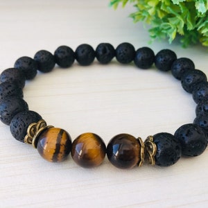 Tiger Eye 10mm, Large Wrist Black, Brother's Gift, Meditation Mens Yoga, Lava Gemstone 10mm, Large Mens Jewelry, Tiger Eye Bracelet Chic image 7