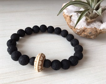 Large Wrist Lava Stones, Mens Gift Wrist, Coconut Barrel, Dragon Vein 10mm, Black Bracelet Gift, Printed Charm Ivory, Protection Ethnic Zen