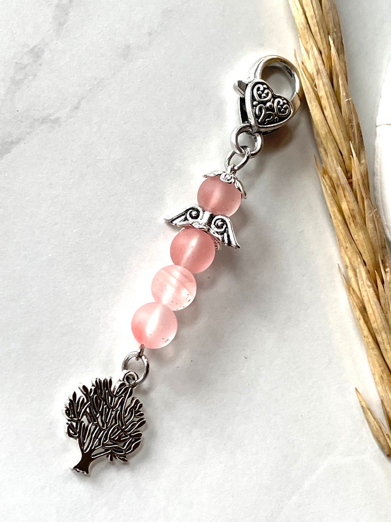 Small Birthday Gift, Quartz Rose 8mm, Pink Small Angel, Rose Gift for Her, Heart Rose, Angel Keychain, Charm Rose, Angel with Tree of life image 4