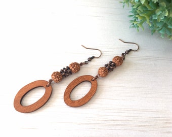 Seed Rudraksha, Wood Oval Earrings, Buddhist Pearl, Gift for Friend, Healing Beaded, Natural Seed of the Tree, Brown Earring, Copper Setting