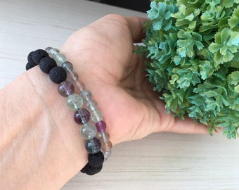 Fluorite Bracelet 6mm, Sets of Bracelets, Rainbow Jewelry, Concentration Beads, Black Gemstones Stackable Bracelet Rooting Beaded Green Gift