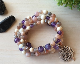 Mala Moonstone 108, Mother's Day Gift, Purple Small Angel, Tree of Life Meditation, Wood Petrification, Amethyst Mala 108, Buddhist Prayers