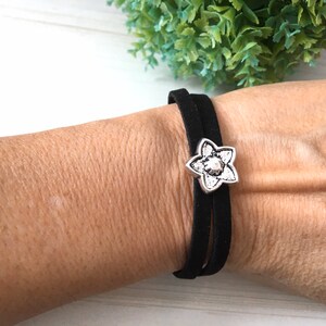 Black Faux Suede, Sky Star, Friendship Gift, Low Price Bracelet, Mens Bracelet, Double Suede Cord, Silver Star, Young Girl Gift, Starfish image 3