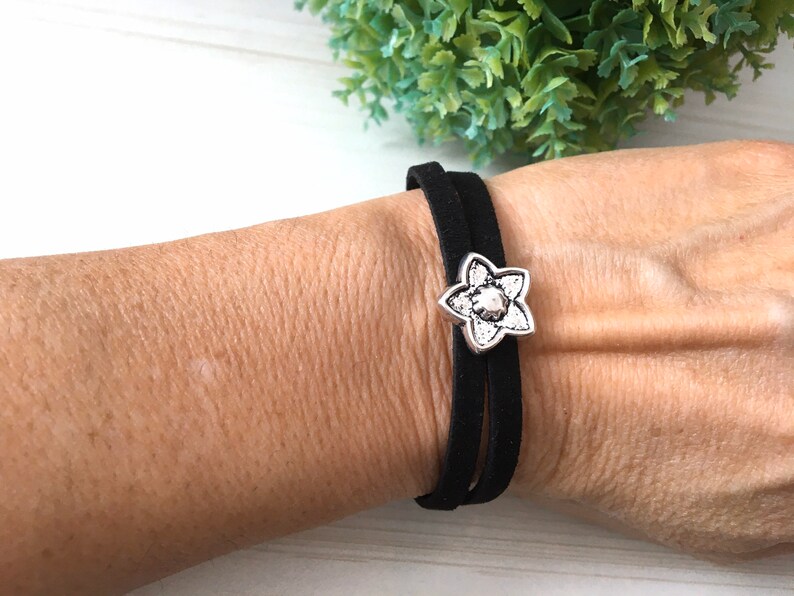 Black Faux Suede, Sky Star, Friendship Gift, Low Price Bracelet, Mens Bracelet, Double Suede Cord, Silver Star, Young Girl Gift, Starfish image 3