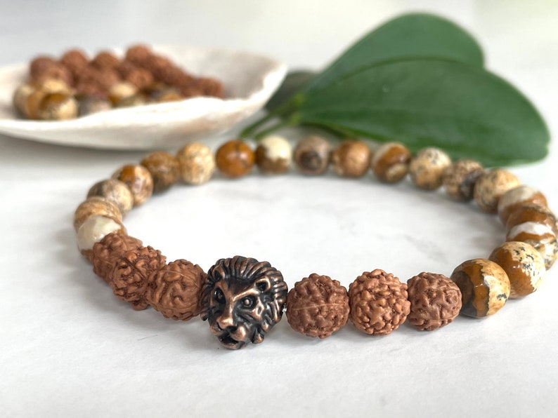 Lion Men Bracelet, Lion King Movies, Natural Jasper, Rudraksha Beads, Father's Day Gift, Brown Gemstone, Gift for Dad, Men Bracelet, Energy image 4