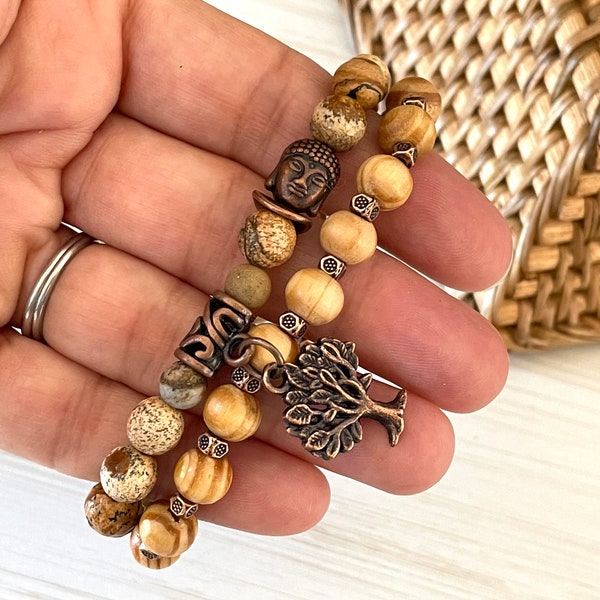 Double Bracelet, Jasper 8mm, Wood Peru Beads, Tree of Life Copper, Energy Beads, Bracelet Set, Brown Bracelet, Faceted Gemstones, Gift Girl